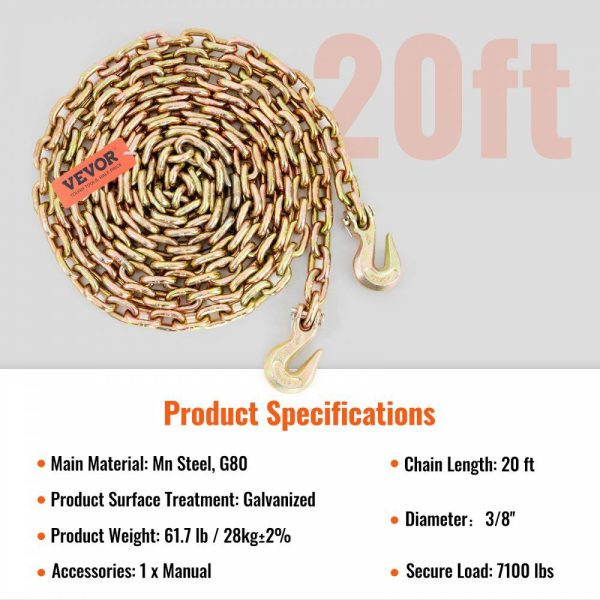 Transport Binder Chain, 7100lbs Working Load Limit, 3/8”x20′ G80 Tow Chain Tie Down with Grab Hooks, DOT Certified, Galvanized Coating Manganese Steel for Dock Factory Construction Site, 2 Pack  |   Chain & Wire & Rope Chain & Wire & Rope Chain & Wire & Rope