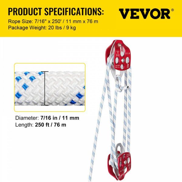 Twin Sheave Block and Tackle 0.43-0.5Inch 100-200Ft Twin Sheave Block with Braid Rope 30-35KN 6600-7705LBS Double Pulley Rigging (7/16″ x 250′)  |   Hoists & Winches & Rigging Hoists & Winches & Rigging Hoists & Winches & Rigging