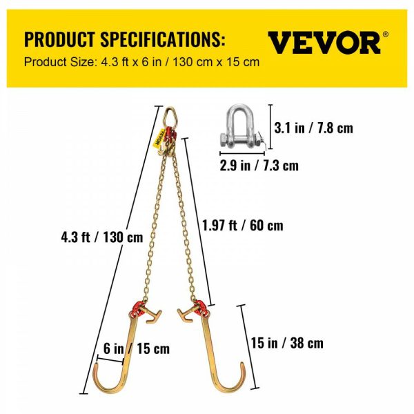 V Bridle Chain, 5/16 in x 2 ft Tow Chain Bridle, Grade 80 V-Bridle Transport Chain, 9260 Lbs Break Strength with TJ Hooks & Grab Hooks, Heavy Duty Pear Link Connector and Chain Shorteners  |   Chain & Wire & Rope Chain & Wire & Rope Chain & Wire & Rope