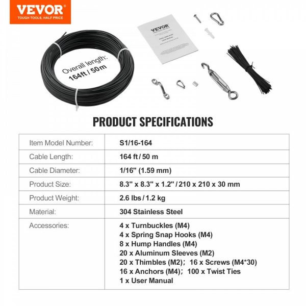 Vinyl Coated Wire Rope Kit, 3/32 Cable Through 1/16 Diameter Stainless Steel, 7×7 Strands Construction with 189 Accessories for String Lights, Clothesline, Vine, 164 ft Black  |   Chain & Wire & Rope Chain & Wire & Rope Chain & Wire & Rope