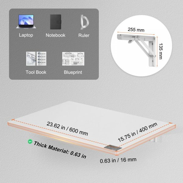 Wall Mounted Folding Table, 23.62″ x 15.75″ Wall Mount Drop Leaf Table, Floating Desk with Iron Bracket, Fold Down Desk for Small Spaces, Home Office, Dining, Laundry Room, Kitchen, Bar, White  |   Workbenches & Accessories Material Handling Workbenches & Accessories