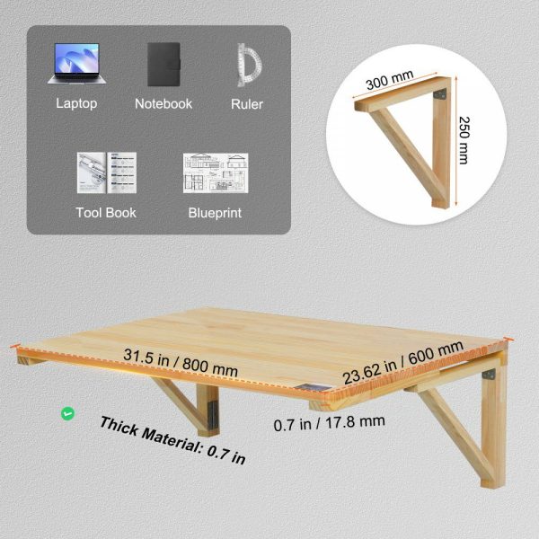 Wall Mounted Folding Table, 31.5″ x 23.62″ Wall Mount Drop Leaf Table, Wooden Floating Desk with Iron Bracket, Fold Down Desk for Small Spaces, Home Office, Dining, Laundry Room, Kitchen, Bar  |   Workbenches & Accessories Material Handling Workbenches & Accessories