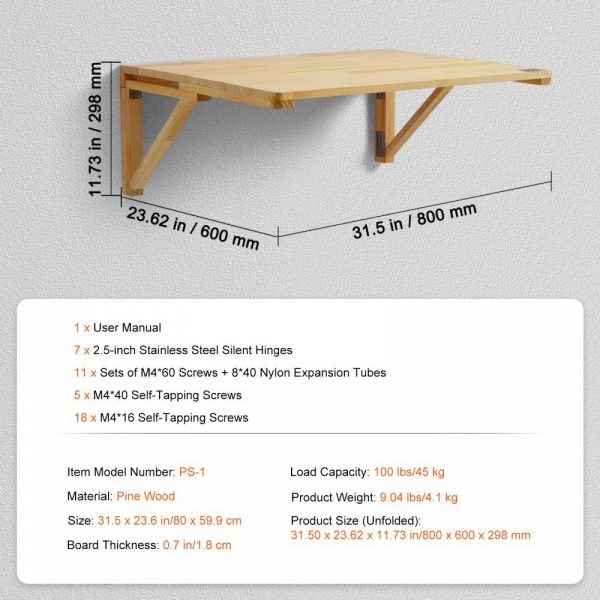 Wall Mounted Folding Table, 31.5″ x 23.62″ Wall Mount Drop Leaf Table, Wooden Floating Desk with Iron Bracket, Fold Down Desk for Small Spaces, Home Office, Dining, Laundry Room, Kitchen, Bar  |   Workbenches & Accessories Material Handling Workbenches & Accessories