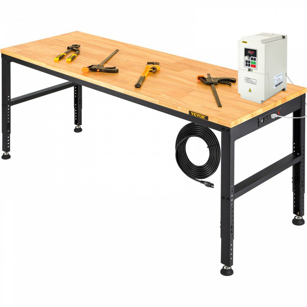 Workbench Adjustable Height, 61″ x 20″ Garage Table w/ 27.1″ – 36″ Heights & 2000 LBS Load Capacity, with Power Outlets & Hardwood Top & Metal Frame & Foot Pads, for Workshop Office Home  |   Workbenches & Accessories Material Handling Workbenches & Accessories