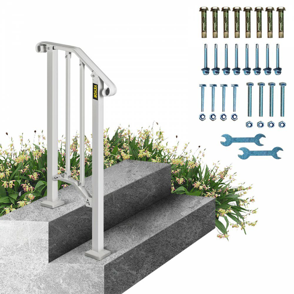 Wrought Iron Handrail Fits 1 or 2 Steps Handrail Picket #1 Outdoor Stair Rail with Installation Kit for Outdoor Steps Hand Rails Matte White  |   Stair Handrail Building & Construction Building Supplies