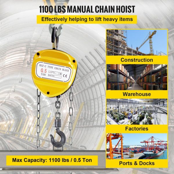 Chain Hoist 1100lbs/0.5ton, Chain Block Hoist Manual Chain Hoist 10ft/3m Block Chain Hand Chain Lifting Hoist w/Two Hooks Chain Pulley Tackle Hoist Winch Lifting Pulling Equipment in Yellow  |   Hoists & Winches & Rigging Hoists & Winches & Rigging Hoists & Winches & Rigging