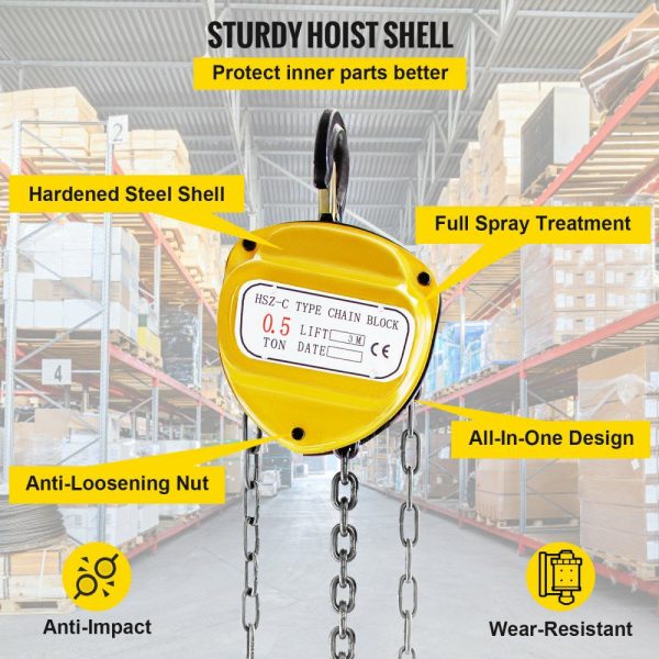 Chain Hoist 1100lbs/0.5ton, Chain Block Hoist Manual Chain Hoist 10ft/3m Block Chain Hand Chain Lifting Hoist w/Two Hooks Chain Pulley Tackle Hoist Winch Lifting Pulling Equipment in Yellow  |   Hoists & Winches & Rigging Hoists & Winches & Rigging Hoists & Winches & Rigging