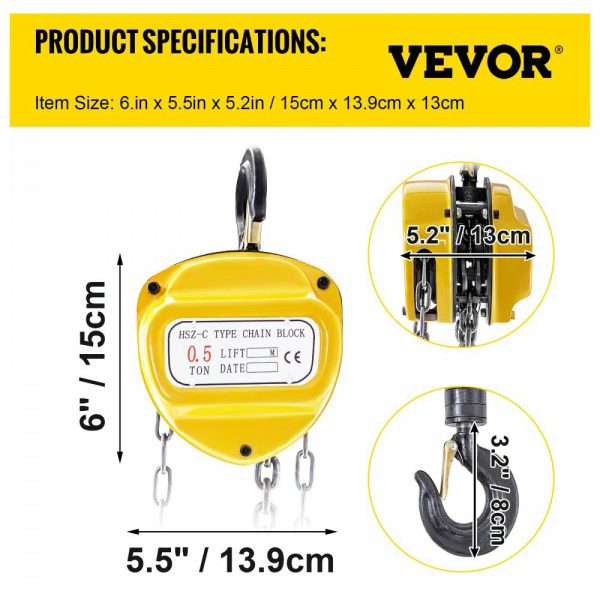 Chain Hoist 1100lbs/0.5ton, Chain Block Hoist Manual Chain Hoist 10ft/3m Block Chain Hand Chain Lifting Hoist w/Two Hooks Chain Pulley Tackle Hoist Winch Lifting Pulling Equipment in Yellow  |   Hoists & Winches & Rigging Hoists & Winches & Rigging Hoists & Winches & Rigging