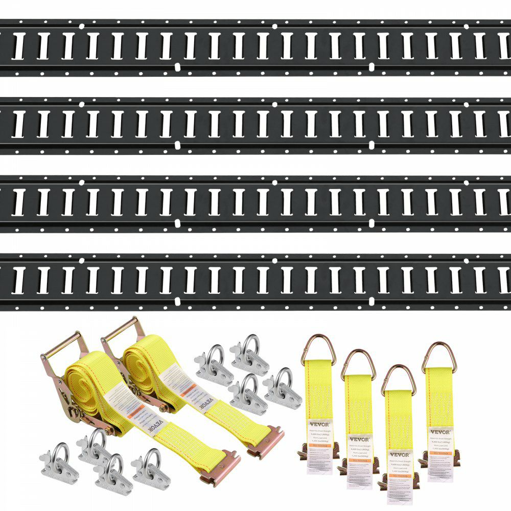 E Track Tie-Down Rail Kit, 18PCS 5′ E-Tracks Set Includes 4 Steel Rails & 8 O-Ring Anchors & 4 Tie-Offs with D-Ring & 2 Ratchet Straps, Securing Accessories for Cargo Motorcycles Bikes, 2000 lbs  |   Cargo Control Cargo Control Cargo Control