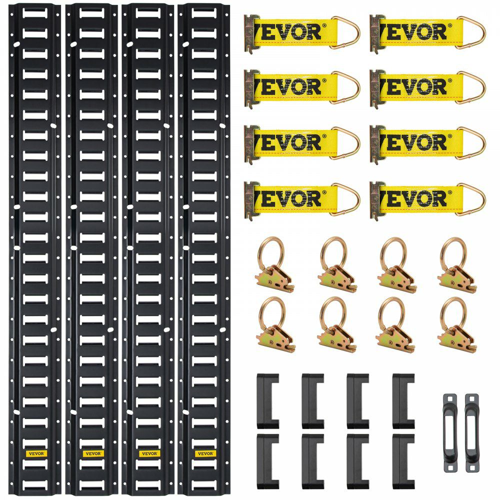 E Track Tie-Down Rail Kit, 30PCS 5FT E-Tracks Set Includes 4 Steel Rails & 2 Single Slot & 8 O Rings & 8 Tie-Offs w/D-Ring & 8 End Caps, Securing Accessories for Cargo, Motorcycles, and Bikes  |   Cargo Control Cargo Control Cargo Control