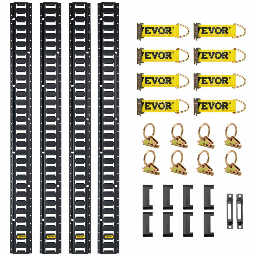 E Track Tie-Down Rail Kit, 30PCS 8FT E-Tracks Set Includes 4 Steel Rails & 2 Single Slot & 8 O Rings & 8 Tie-Offs w/D-Ring & 8 End Caps, Securing Accessories for Cargo, Motorcycles, and Bikes  |   Cargo Control Material Handling Cargo Control