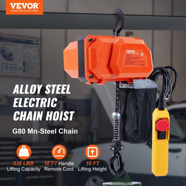 Electric Chain Hoist, 330 lbs Load Capacity, 10 ft Lifting Height, 10 ft/min Speed, 120V, Single Phase Overhead Crane with G80 Chain, 10 ft Wired Remote Control for Garage, Shop, Hotel, and Home  |   Hoists & Winches & Rigging Hoists & Winches & Rigging Hoists & Winches & Rigging