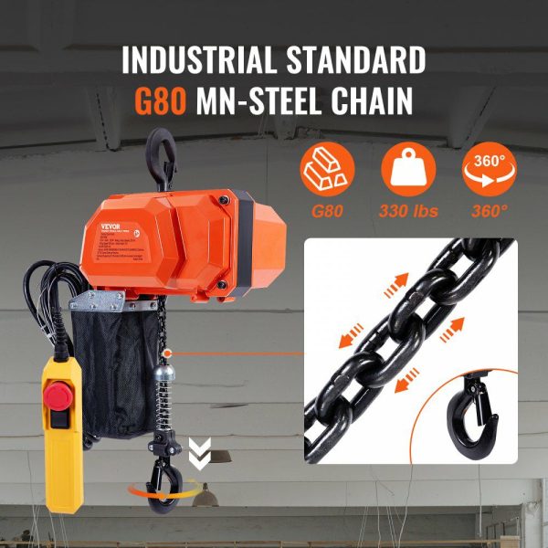 Electric Chain Hoist, 330 lbs Load Capacity, 10 ft Lifting Height, 10 ft/min Speed, 120V, Single Phase Overhead Crane with G80 Chain, 10 ft Wired Remote Control for Garage, Shop, Hotel, and Home  |   Hoists & Winches & Rigging Hoists & Winches & Rigging Hoists & Winches & Rigging