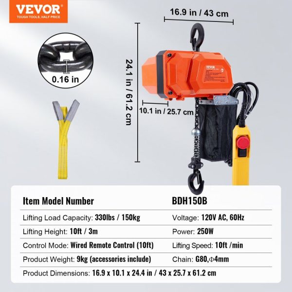 Electric Chain Hoist, 330 lbs Load Capacity, 10 ft Lifting Height, 10 ft/min Speed, 120V, Single Phase Overhead Crane with G80 Chain, 10 ft Wired Remote Control for Garage, Shop, Hotel, and Home  |   Hoists & Winches & Rigging Hoists & Winches & Rigging Hoists & Winches & Rigging