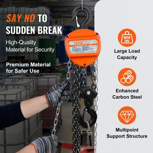 Hand Chain Hoist, 3 Ton 6600 lbs Capacity 10 FT Come Along, G80 Galvanized Carbon Steel with Double-Pawl Brake, Auto Chain Leading & 360° Rotation Hook, for Garage Factory Dock  |   Hoists & Winches & Rigging Hoists & Winches & Rigging Hoists & Winches & Rigging