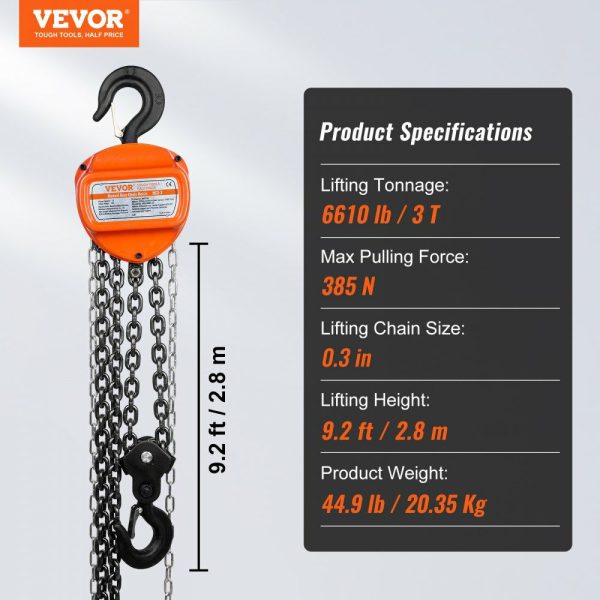 Hand Chain Hoist, 3 Ton 6600 lbs Capacity 10 FT Come Along, G80 Galvanized Carbon Steel with Double-Pawl Brake, Auto Chain Leading & 360° Rotation Hook, for Garage Factory Dock  |   Hoists & Winches & Rigging Hoists & Winches & Rigging Hoists & Winches & Rigging