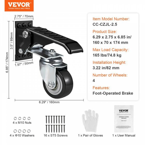 Workbench Caster Wheels, 165 lbs Load Capacity, Set of 4, 2.5″ Heavy Duty Retractable Casters, Side Mounted Adjustable Stepdown Wheels with 360° Swivel for Workbenches, Tables, and Equipment  |   Casters & Wheels Casters & Wheels Casters & Wheels