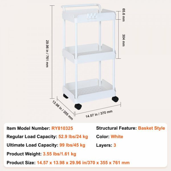 3-Tier Rolling Utility Cart, Kitchen Cart with Lockable Wheels, Multi-Functional Storage Trolley with Handle for Office, Living Room, Kitchen, Movable Storage Basket Organizer Shelves, White White |   Carts & Trucks Carts & Trucks Carts & Trucks