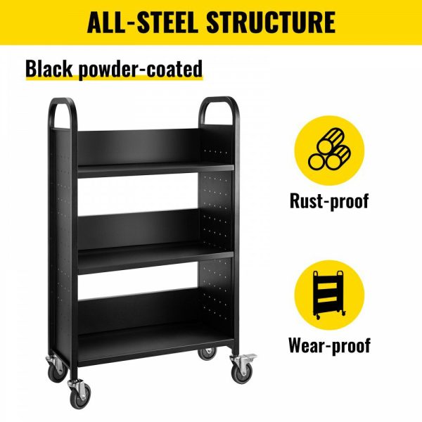 Book Cart, 200lbs Library Cart, 30x14x49 Inch Rolling Book Cart Single Sided L-Shaped Flat Shelves with 4 Inch Lockable Wheels for Home Shelves Office and School Book Truck in Black Black |   Carts & Trucks Carts & Trucks Black