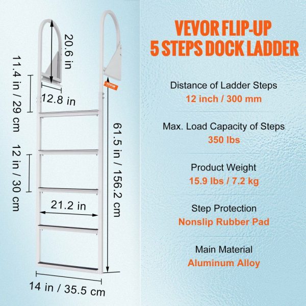 Dock Ladder, Flip-Up 5 Steps, 350 lbs Load Capacity, Aluminum Alloy Pontoon Boat Ladder with 2” Wide Step & Nonslip Rubber Mat, Easy to Install for Ship/Lake/Pool/Marine Boarding  |   Ramps & Ladders Material Handling Ramps & Ladders