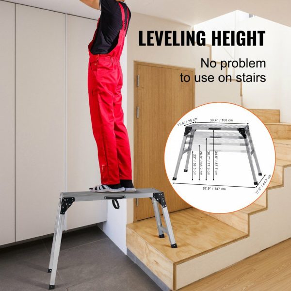 330 lbs Work Platform, 23-34.5 inch Height Adjustable Folding Aluminum Drywall Ladder, Non-Slip Work Bench w/ Portable Handle, Heavy Duty for Washing Vehicles, Cleaning, Painting, Decorating  |   Building Supplies Building & Construction Building Supplies