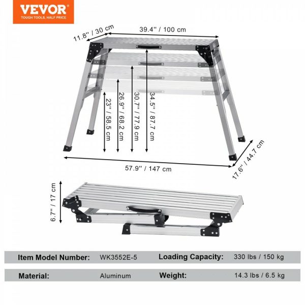 330 lbs Work Platform, 23-34.5 inch Height Adjustable Folding Aluminum Drywall Ladder, Non-Slip Work Bench w/ Portable Handle, Heavy Duty for Washing Vehicles, Cleaning, Painting, Decorating  |   Building Supplies Building & Construction Building Supplies