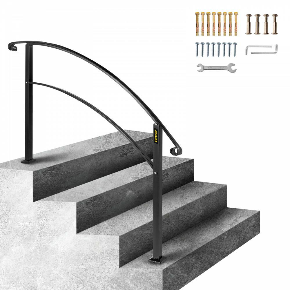 4-Step Handrail Fits 1 or 4 Steps Matte Black Stair Rail Wrought Iron Handrail with Installation Kit Hand Rails for Outdoor Steps  |   Stainless Steel Stair Railing Building & Construction Building Supplies