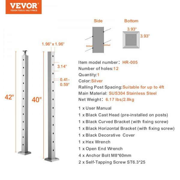 Cable Railing Post, 42″ x 2″ x 2″ Steel 30° Angled Hole Stair Railing Post, 12 Pre-Drilled Holes, SUS304 Stainless Steel Cable Rail Post with Horizontal and Curved Bracket, 1-Pack, Silver Silver |   Building Supplies Building & Construction Building Supplies