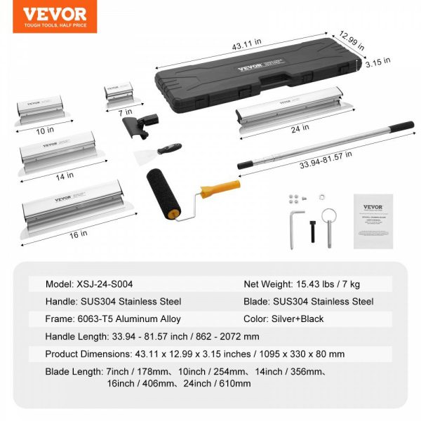 Drywall Skimming Blade Set, 7/10/14/16/24 in Skimming Blades + 34 – 81.6 in Extension Handle Pole, Stainless Steel Knife Professional Skim Coat Tools, for Gyprock/WallBoard/Plasterboard  |   Masonry & Concrete & Tile Tools Building & Construction Masonry & Concrete & Tile Tools