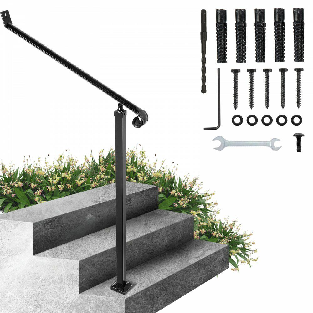 Handrails for Outdoor Steps 2-3 Step Railings Wrought Iron Handrail Stair Railings for Steps Black Iron Railings for Steps Wall and Floor Mounted with Installation Kit  |   Stair Handrail Building & Construction Building Supplies