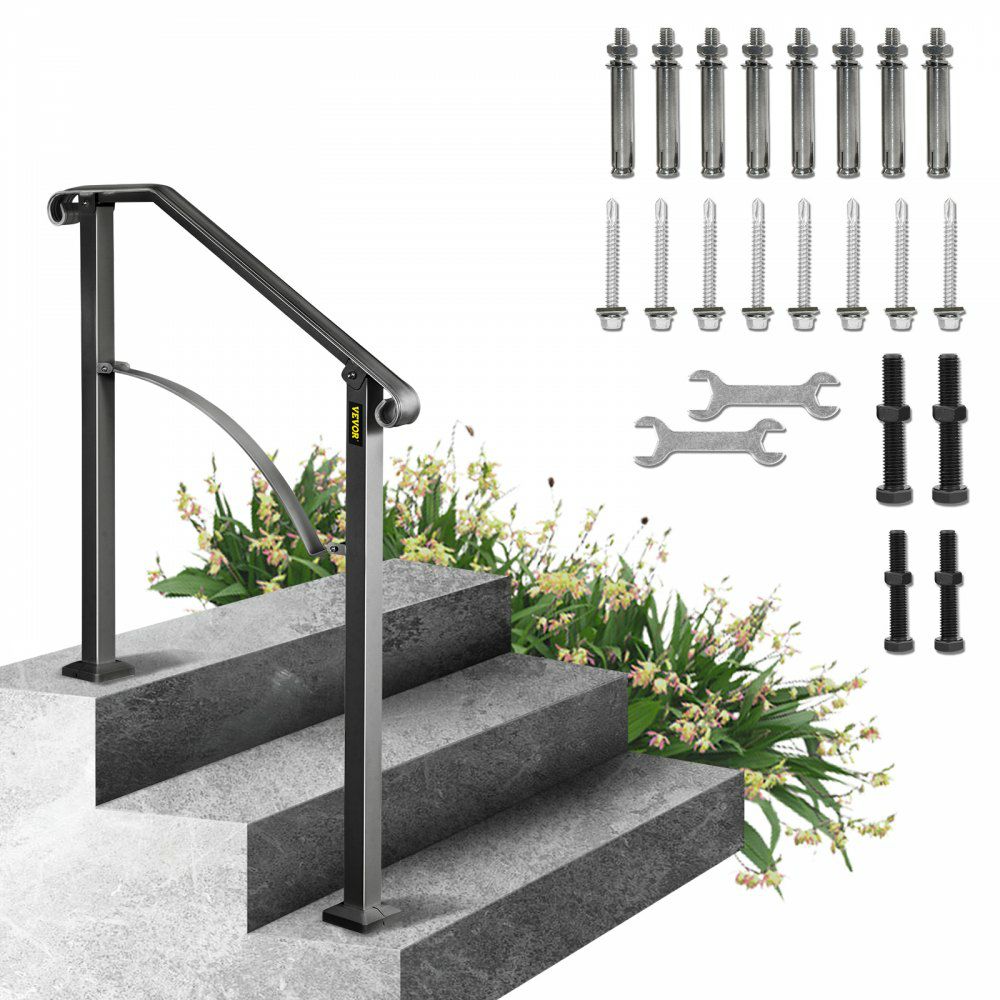 Handrails for Outdoor Steps, Fit 2 or 3 Steps Outdoor Stair Railing, Arch#2 Wrought Iron Handrail, Flexible Porch Railing, Black Transitional Handrails for Concrete Steps or Wooden Stairs  |   Building Supplies Building & Construction Building Supplies