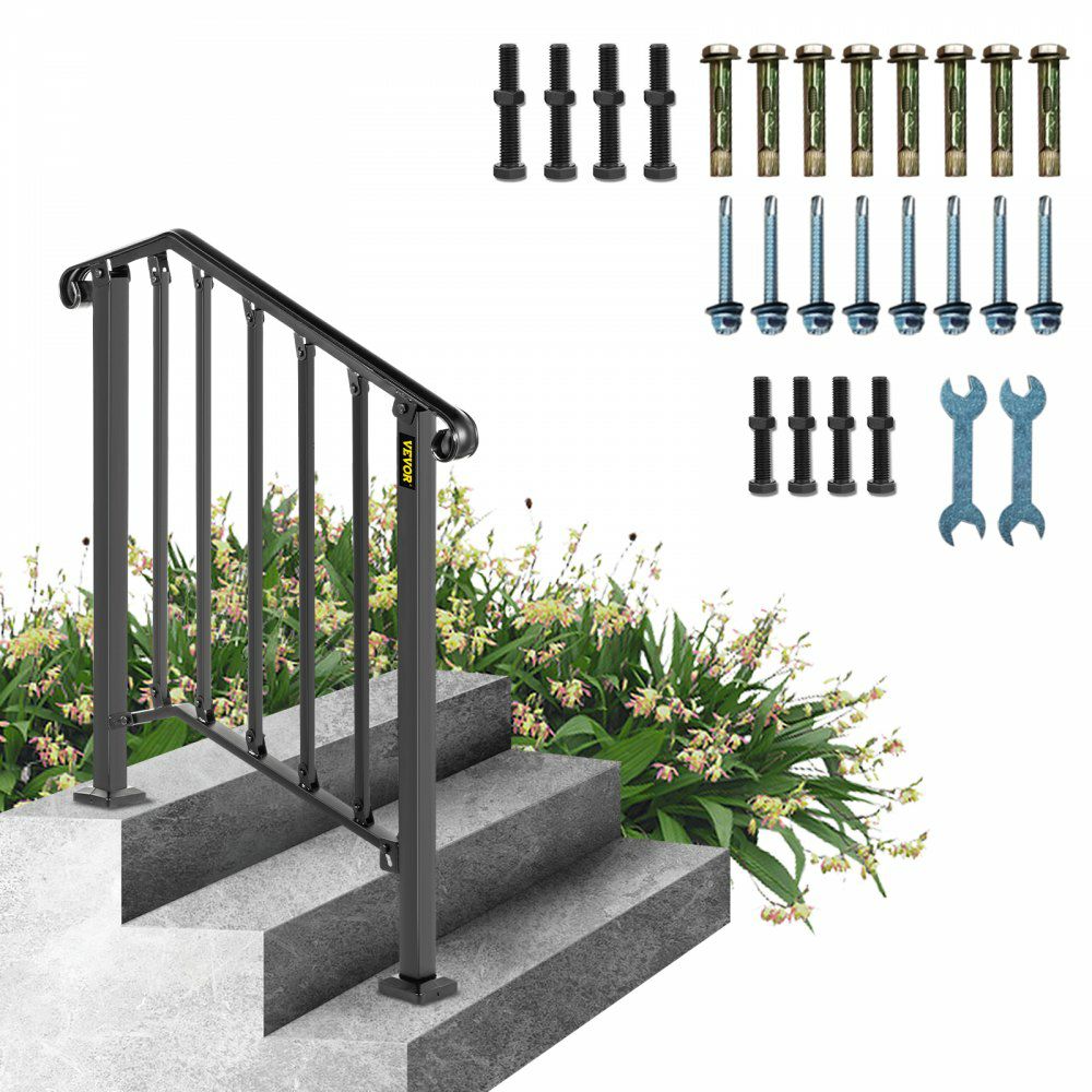 Handrails for Outdoor Steps, Fit 2 or 3 Steps Outdoor Stair Railing, Picket#2 Wrought Iron Handrail, Flexible Porch Railing, Black Transitional Handrails for Concrete Steps or Wooden Stairs  |   Building Supplies Building & Construction Building Supplies