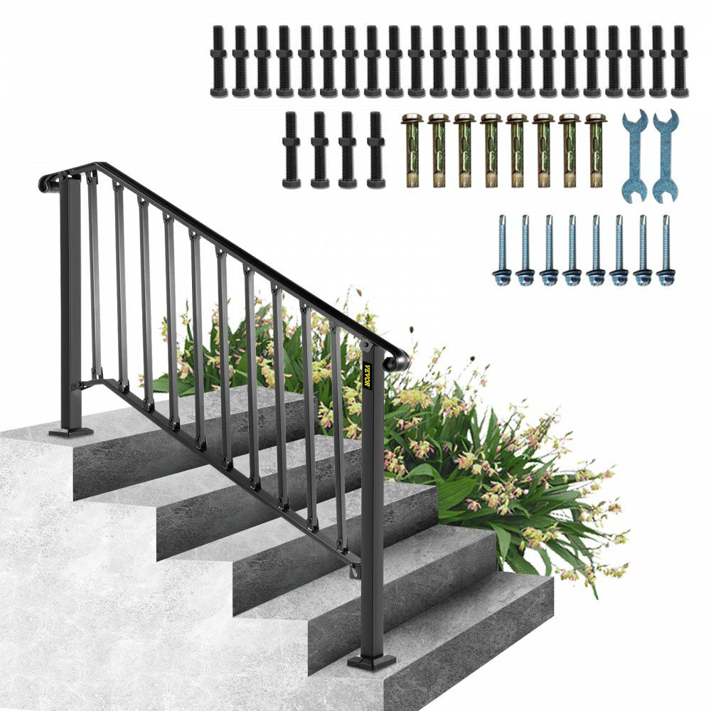 Handrails for Outdoor Steps, Fit 4 or 5 Steps Outdoor Stair Railing, Picket#4 Wrought Iron Handrail, Flexible Porch Railing, Black Transitional Handrails for Concrete Steps or Wooden Stairs  |   Building Supplies Building & Construction Building Supplies